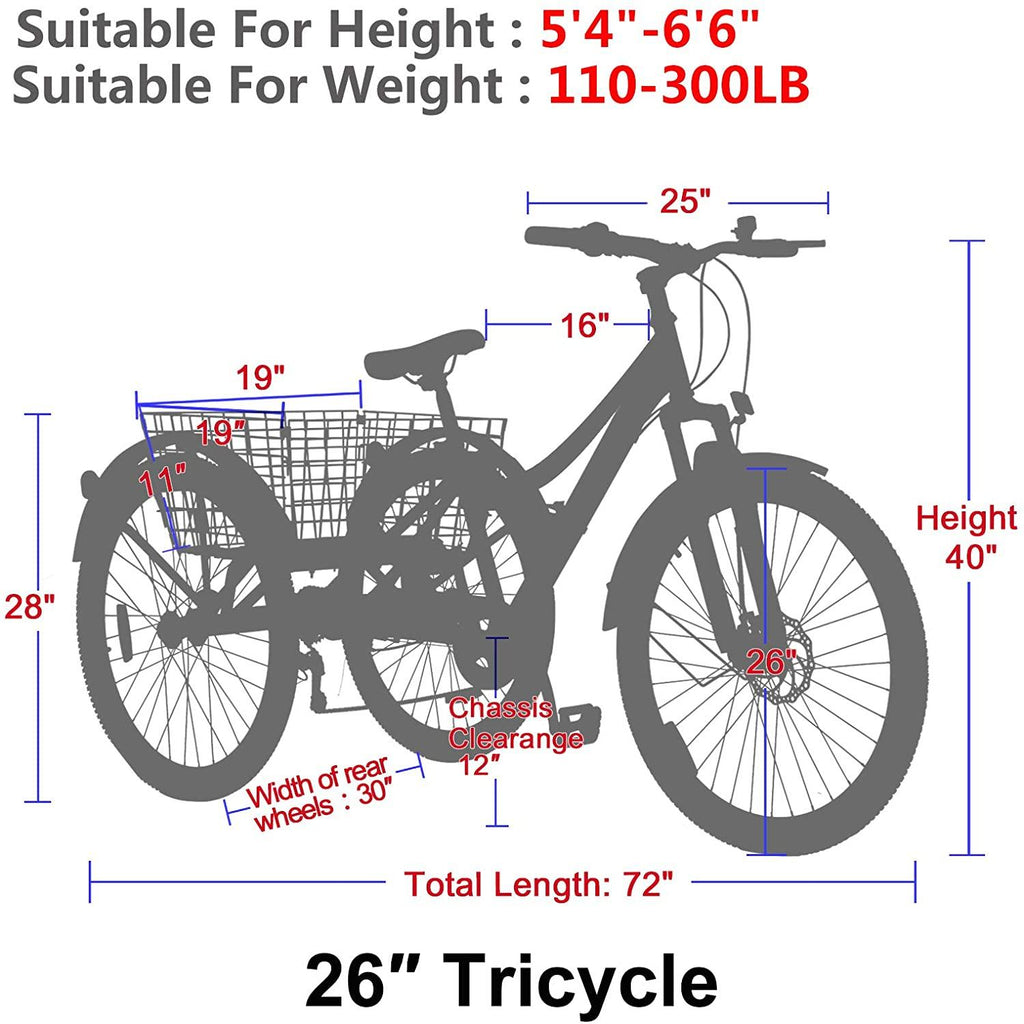 Adult Tricycle, 7 Speed Three Wheel Bikes Mountain Tricycles, 24/26 Inch Adults Trikes Men's Women's Cruiser Trike Bike with LarBasket