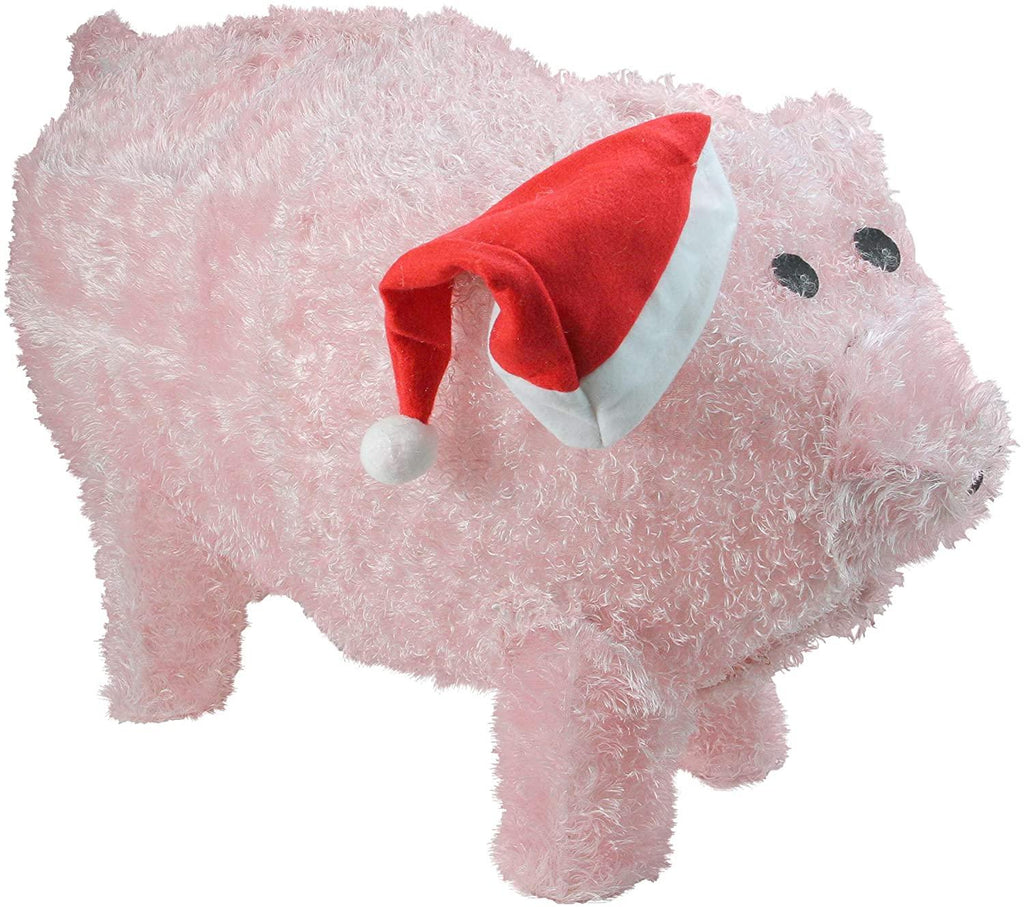 Sienna Pre-Lit LED Outdoor Chenille Pig in Santa Hat Christmas Yard Art Decoration, 28"