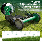Push Reel Lawn Mower, Cordless 18" Manganese Steel Manual Grass Cutter with 5-Blade, Removable Grass Catcher, 9 Cutting Heights, Walk-Behind Lawn Mower for Garden Farm Yard (Green)