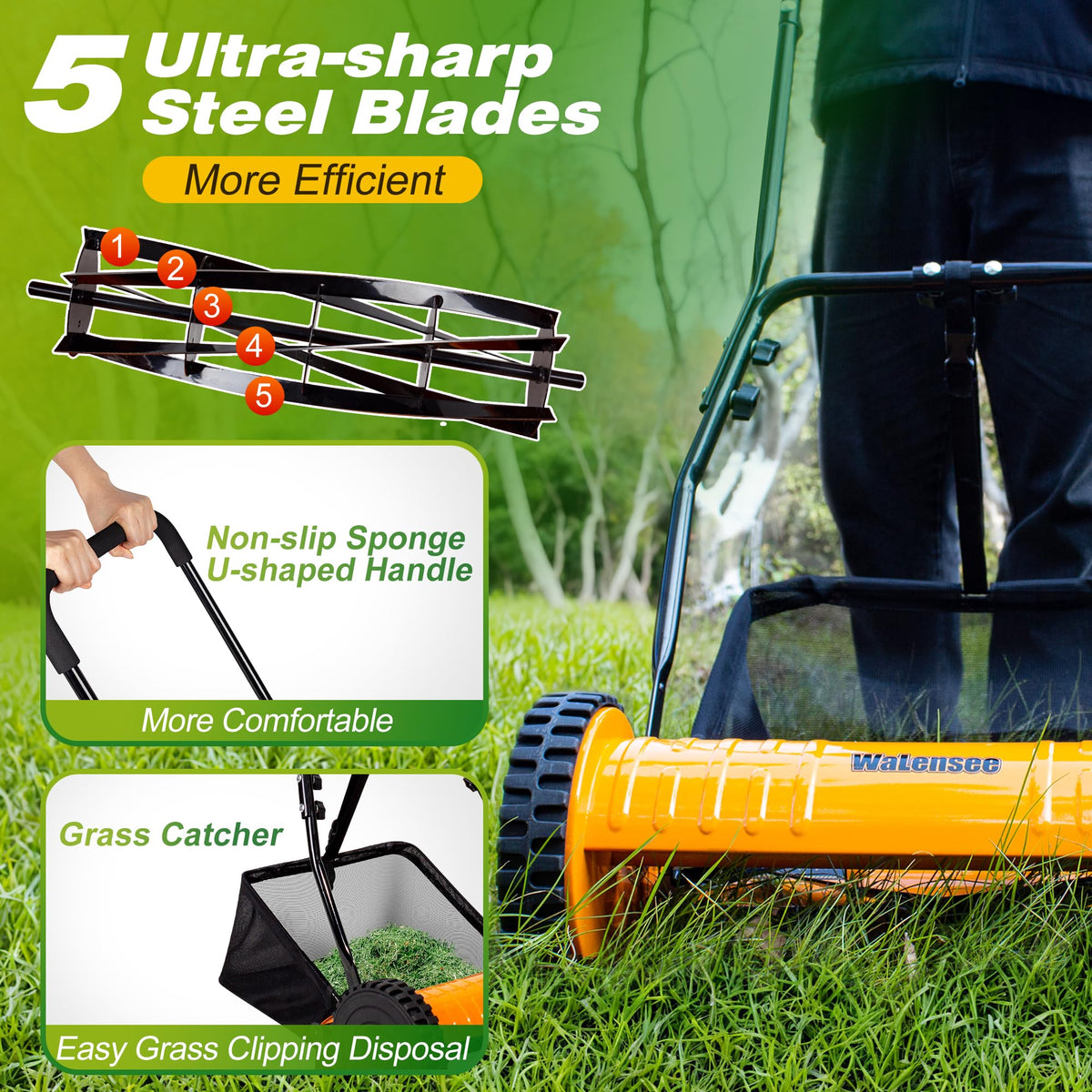 Manual Reel Lawn Mower with Grass Catcher, 16-Inch Cutting Width | 16-inch cutting width for efficient yard care, manual push mower with 7.9-gallon grass collection bag for quiet, clean mowing