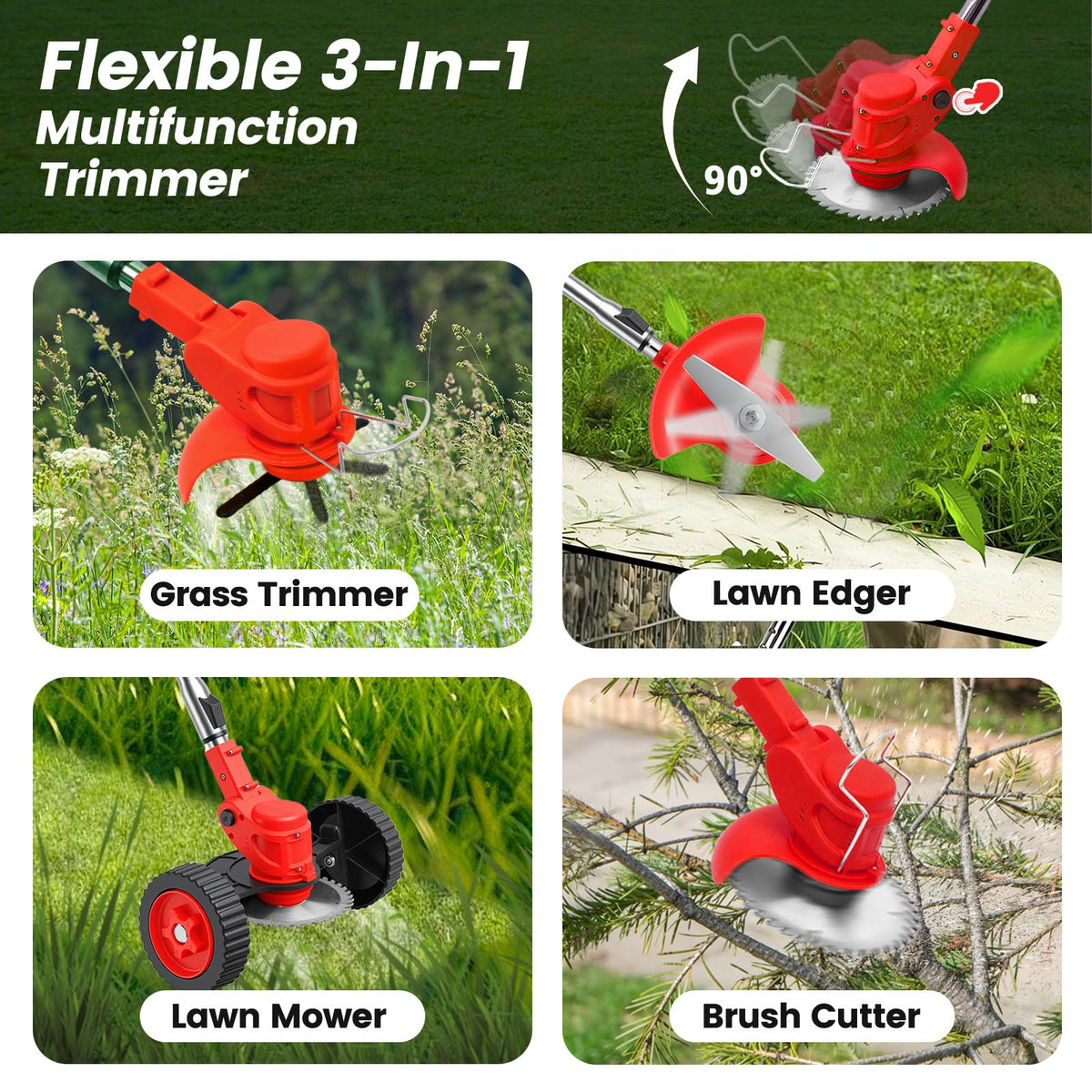 24V Electric Weed Wacker with Wheels, Grass Trimmer Cordless, 3 in 1 Weed Eater Battery Powered with 2pcs Batteries &amp; Charger, Weed Trimmer/Brush Cutter/Edger Lightweight for Lawn &amp; Yard
