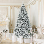 Gymax 9 FT Pre-Lit Christmas Tree Snow Flocked Hinged Pine Tree w/ Metal Stand