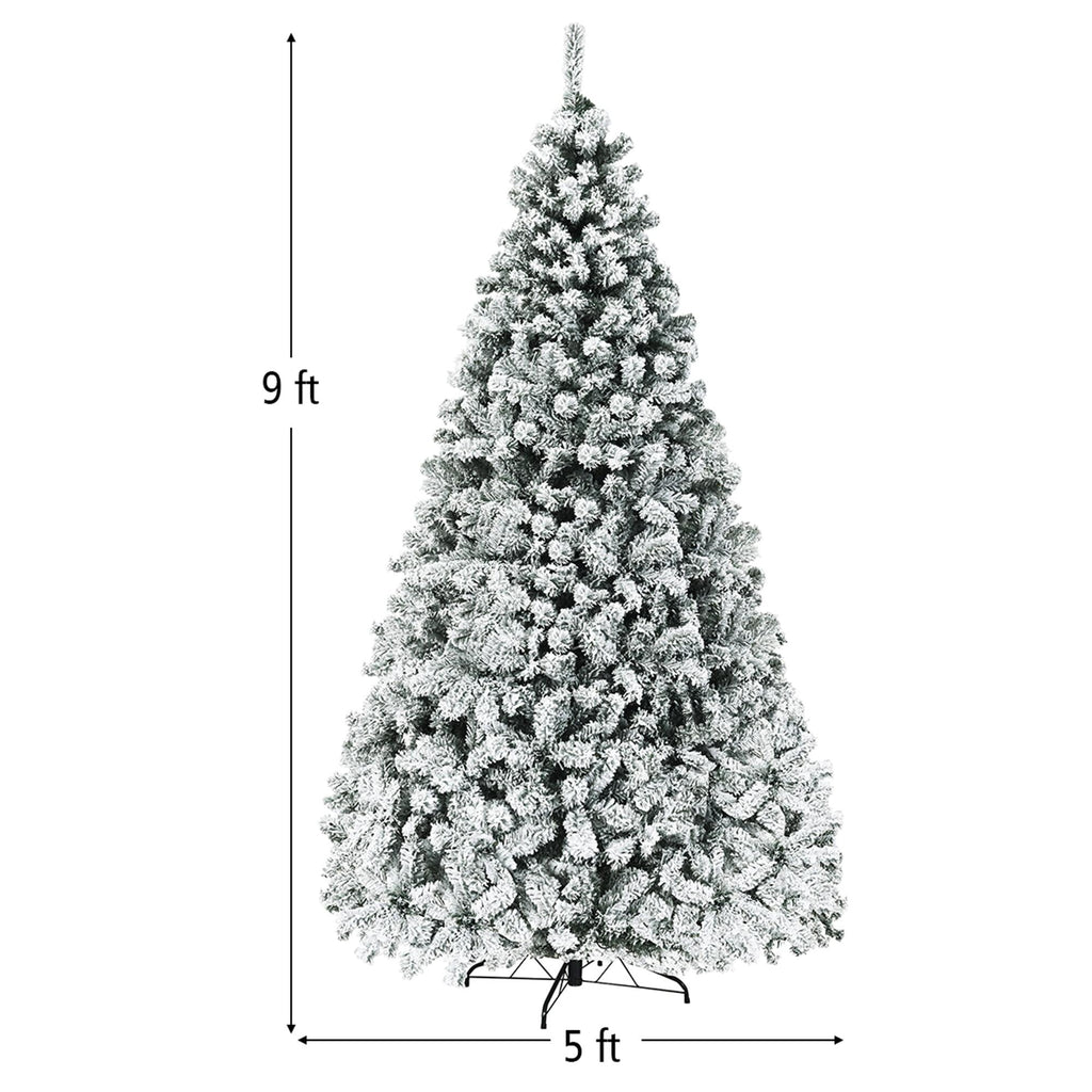 Gymax 9 FT Pre-Lit Christmas Tree Snow Flocked Hinged Pine Tree w/ Metal Stand