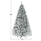 Gymax 9 FT Pre-Lit Christmas Tree Snow Flocked Hinged Pine Tree w/ Metal Stand