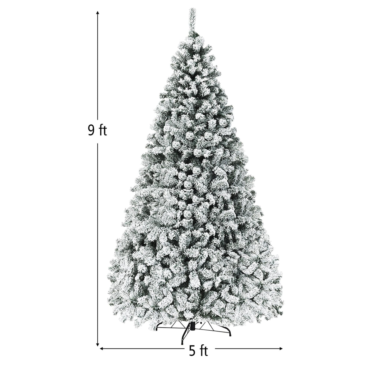 Gymax 9 FT Pre-Lit Christmas Tree Snow Flocked Hinged Pine Tree w/ Metal Stand
