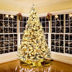 Gymax 9 FT Pre-Lit Christmas Tree Snow Flocked Hinged Pine Tree w/ Metal Stand