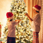 Gymax 9 FT Pre-Lit Christmas Tree Snow Flocked Hinged Pine Tree w/ Metal Stand