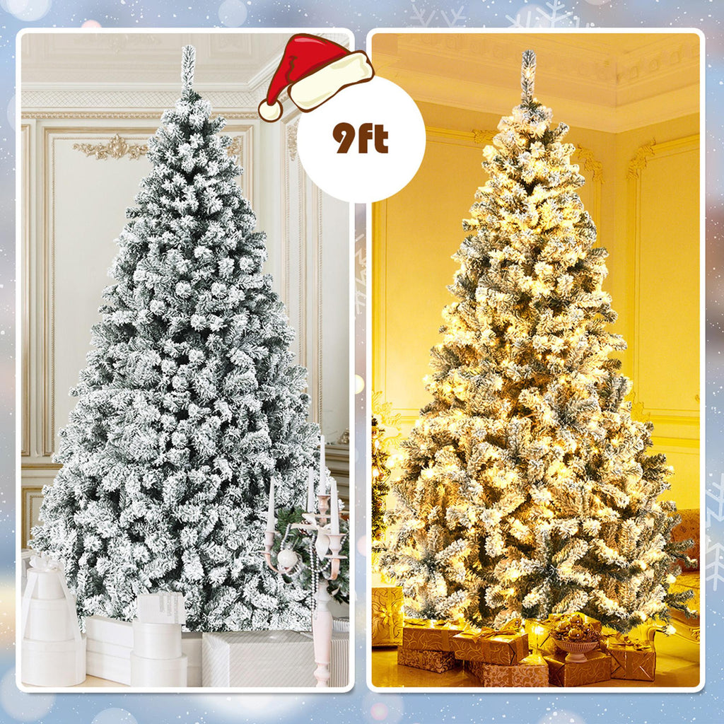 Gymax 9 FT Pre-Lit Christmas Tree Snow Flocked Hinged Pine Tree w/ Metal Stand