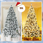 Gymax 9 FT Pre-Lit Christmas Tree Snow Flocked Hinged Pine Tree w/ Metal Stand