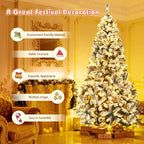 Gymax 9 FT Pre-Lit Christmas Tree Snow Flocked Hinged Pine Tree w/ Metal Stand
