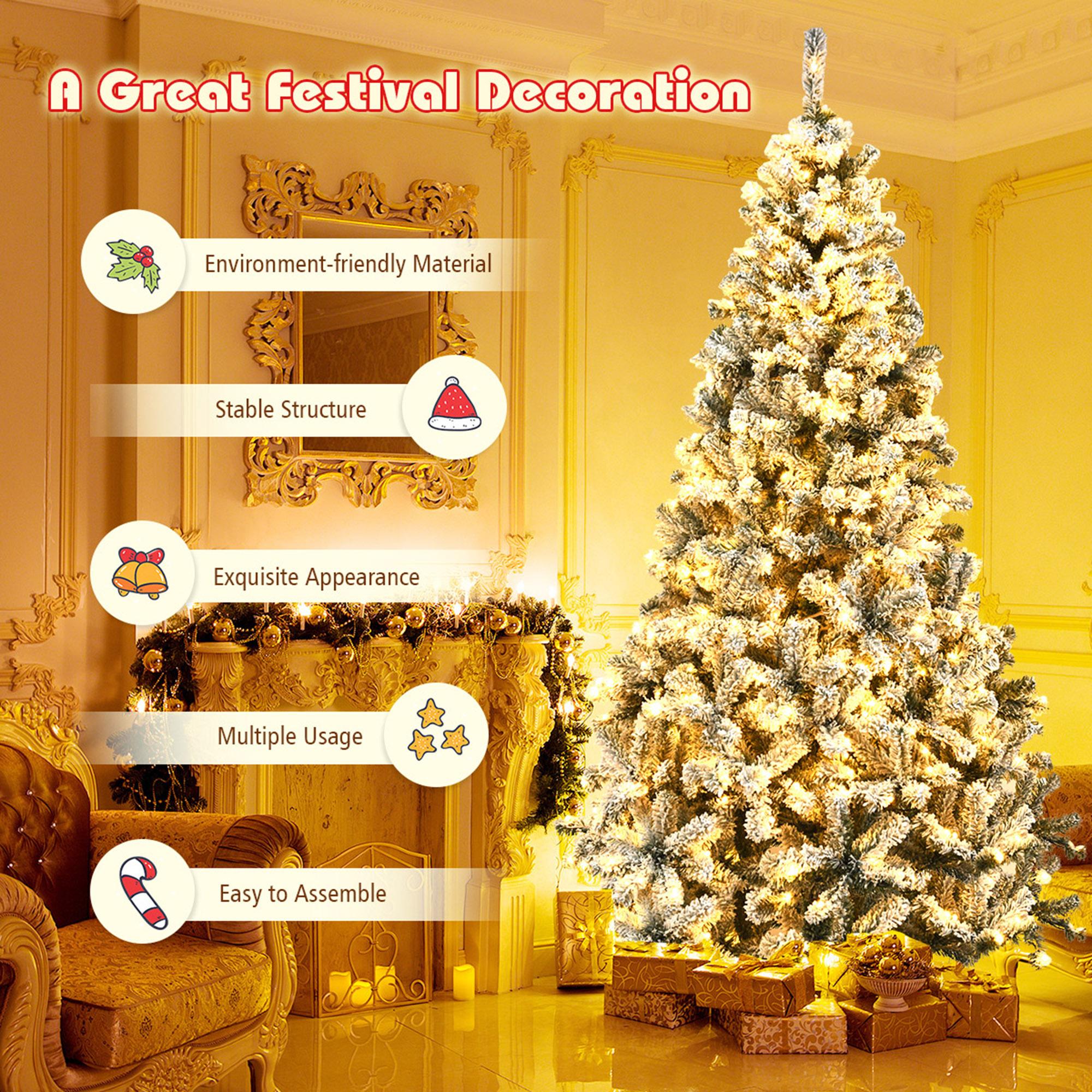 Gymax 9 FT Pre-Lit Christmas Tree Snow Flocked Hinged Pine Tree w/ Metal Stand