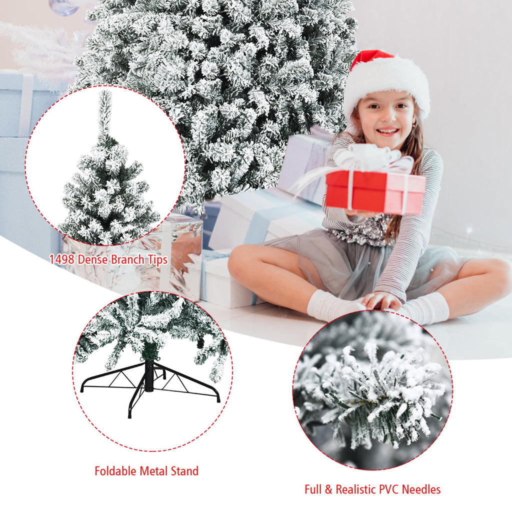 Gymax 9 FT Pre-Lit Christmas Tree Snow Flocked Hinged Pine Tree w/ Metal Stand