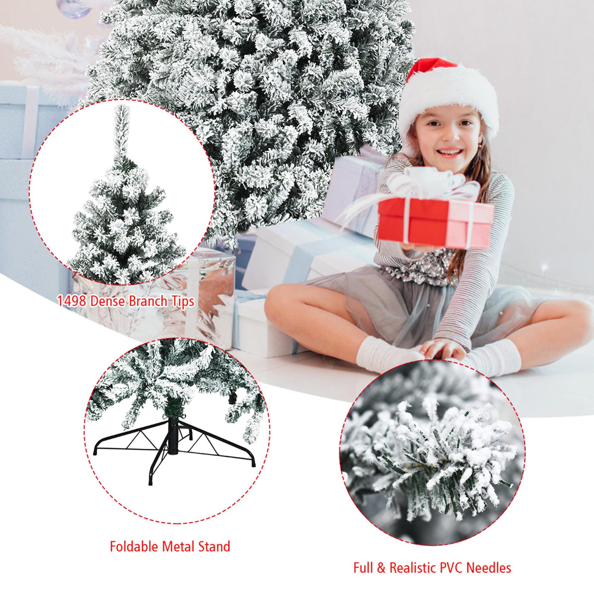 Gymax 9 FT Pre-Lit Christmas Tree Snow Flocked Hinged Pine Tree w/ Metal Stand