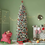 OasisCraft 6.5ft Prelit Snow Flocked Artificial Pencil Christmas Tree with 250 Clear Lights, Hinged Snowy Slim Xmas Tree