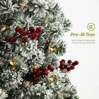 OasisCraft 6.5ft Prelit Snow Flocked Artificial Pencil Christmas Tree with 250 Clear Lights, Hinged Snowy Slim Xmas Tree