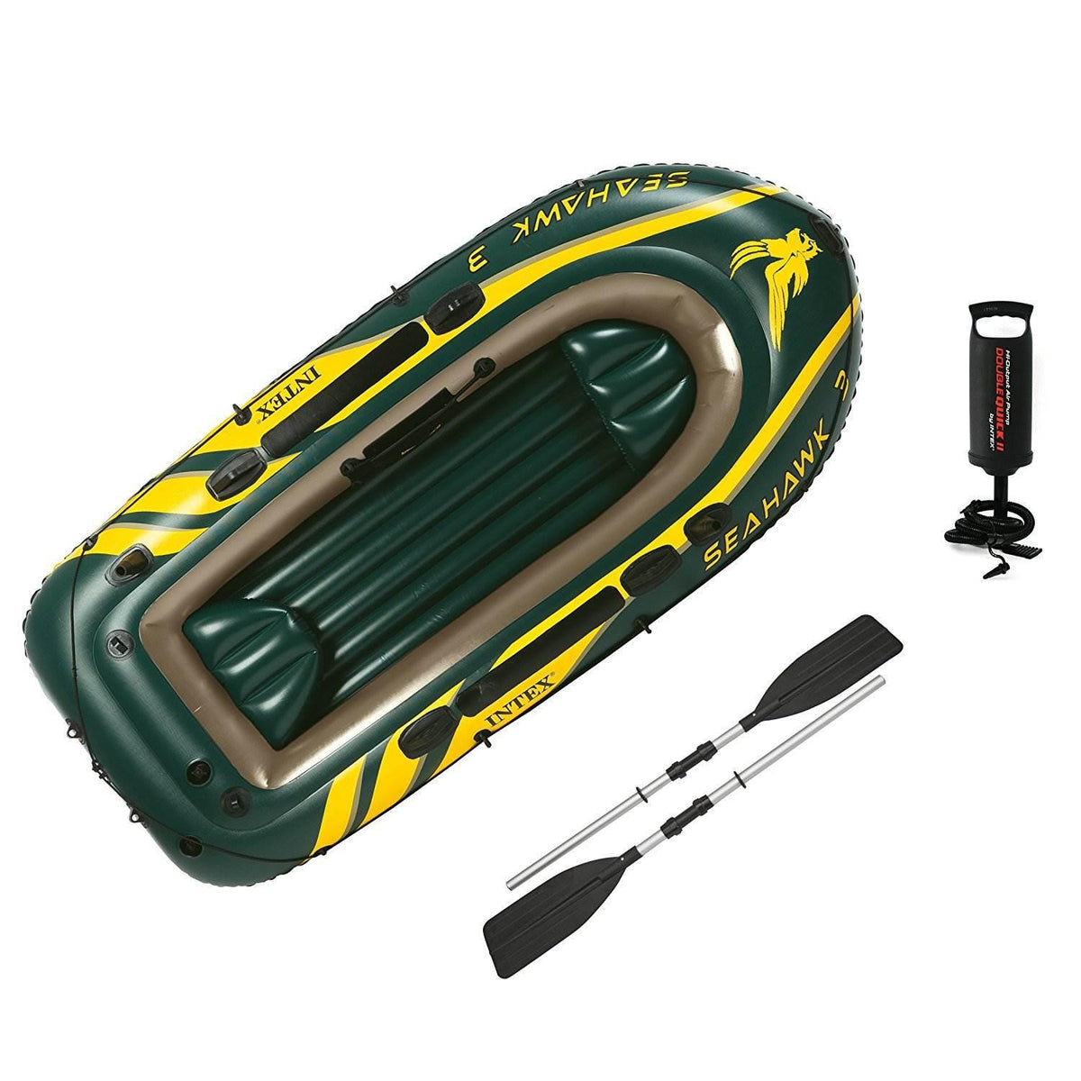 Seahawk 3 Person Heavy Duty Inflatable Rafting and Fishing Boat Set w/ 2 Aluminum Oars, High Output Air Pump, and Carry