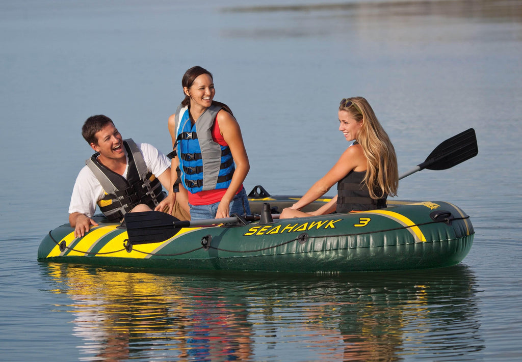Seahawk 3 Person Heavy Duty Inflatable Rafting and Fishing Boat Set w/ 2 Aluminum Oars, High Output Air Pump, and Carry
