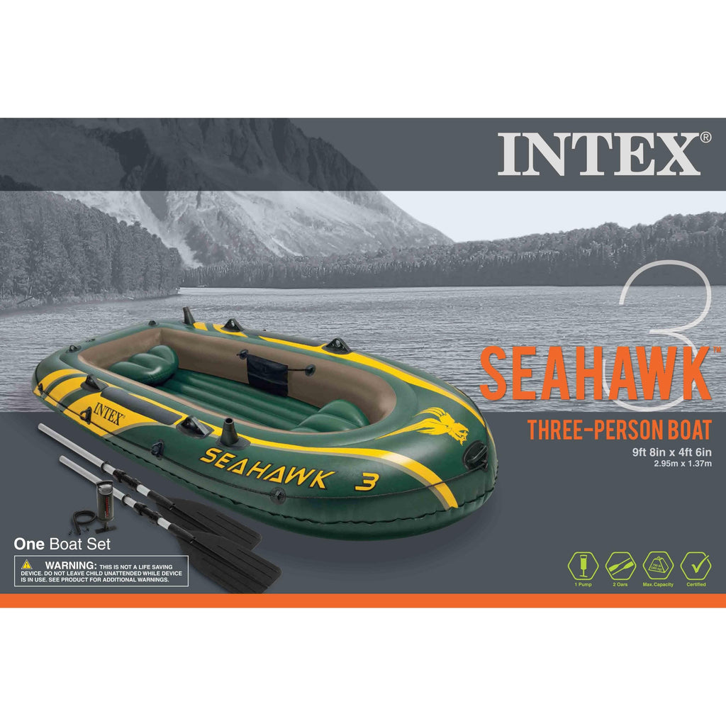 Seahawk 3 Person Heavy Duty Inflatable Rafting and Fishing Boat Set w/ 2 Aluminum Oars, High Output Air Pump, and Carry