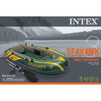 Seahawk 3 Person Heavy Duty Inflatable Rafting and Fishing Boat Set w/ 2 Aluminum Oars, High Output Air Pump, and Carry