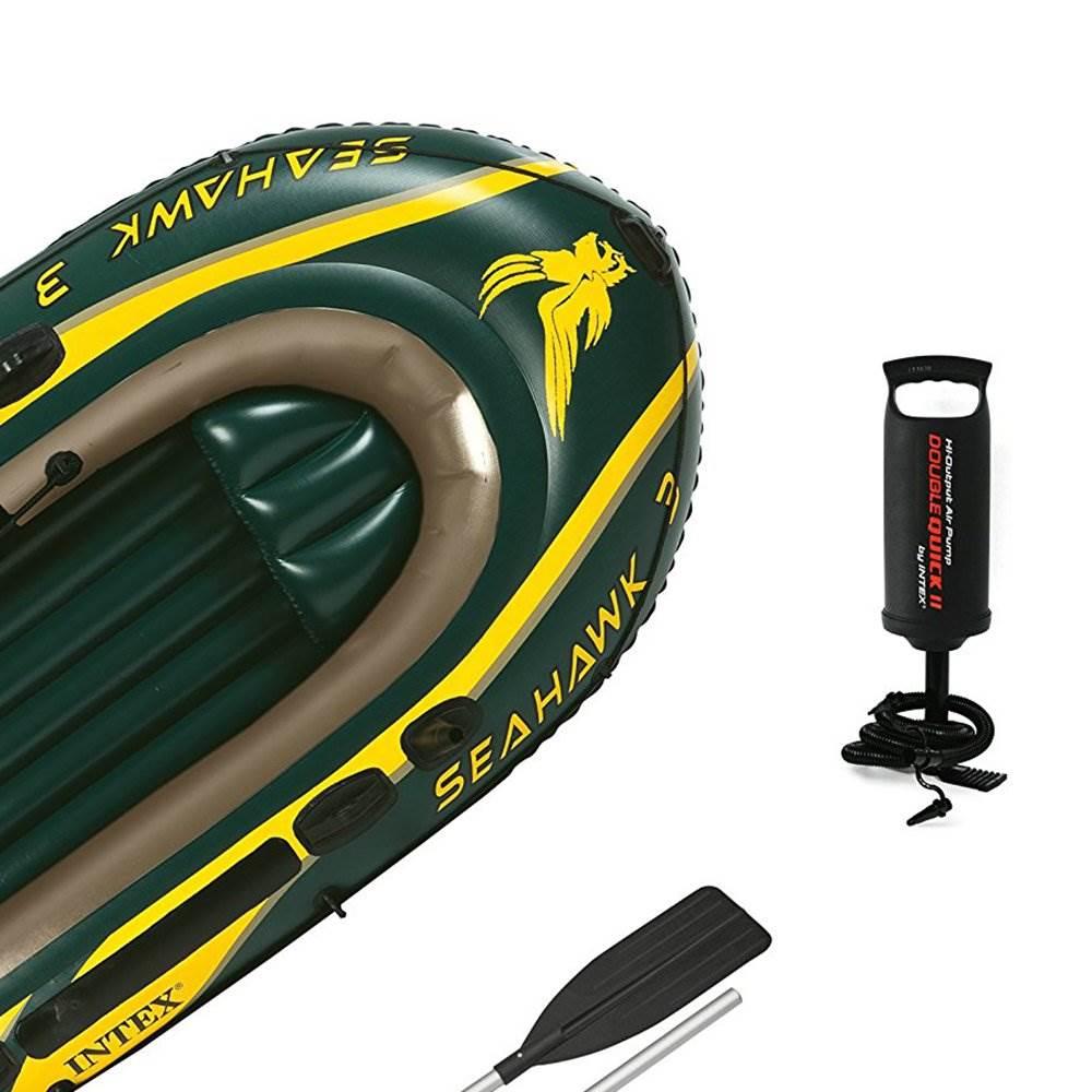 Seahawk 3 Person Heavy Duty Inflatable Rafting and Fishing Boat Set w/ 2 Aluminum Oars, High Output Air Pump, and Carry