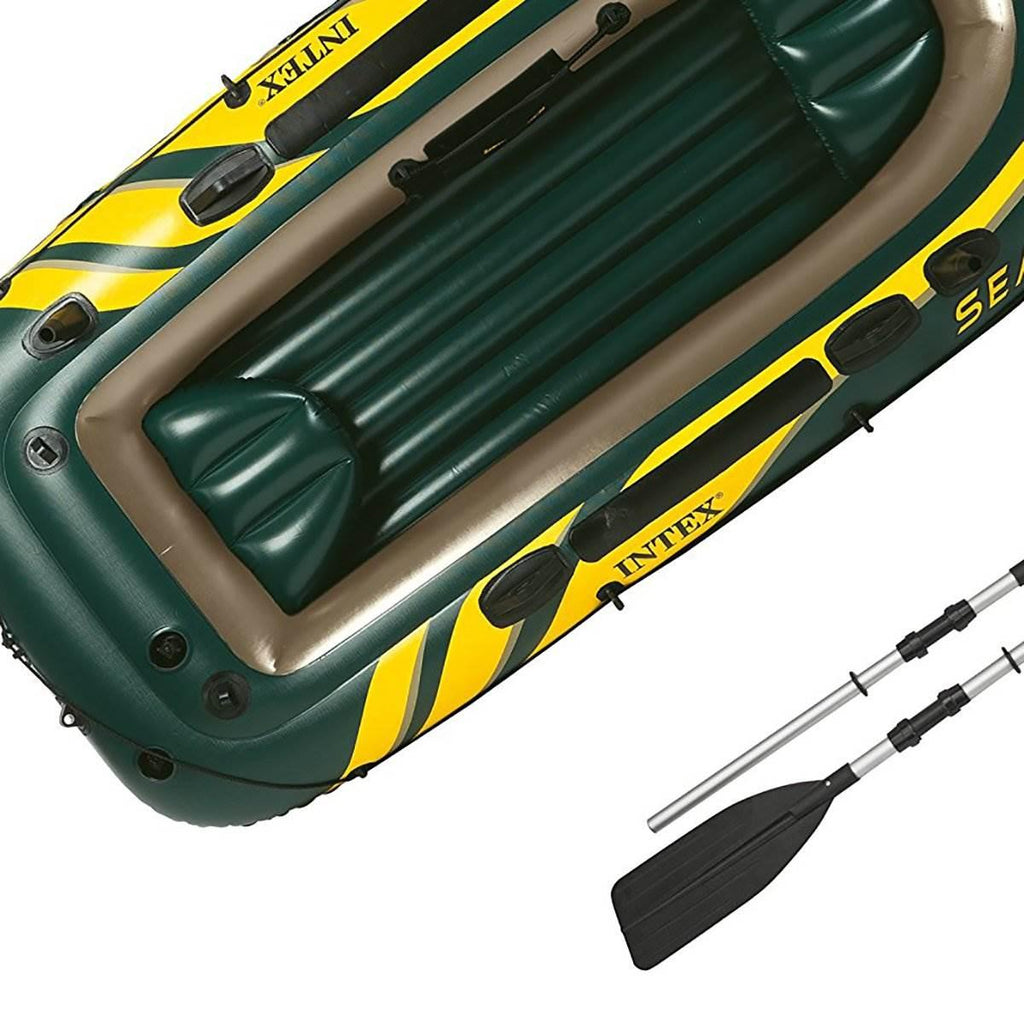 Seahawk 3 Person Heavy Duty Inflatable Rafting and Fishing Boat Set w/ 2 Aluminum Oars, High Output Air Pump, and Carry