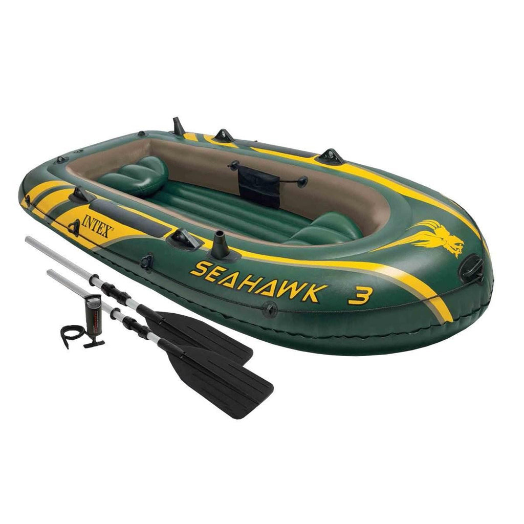 Seahawk 3 Person Heavy Duty Inflatable Rafting and Fishing Boat Set w/ 2 Aluminum Oars, High Output Air Pump, and Carry
