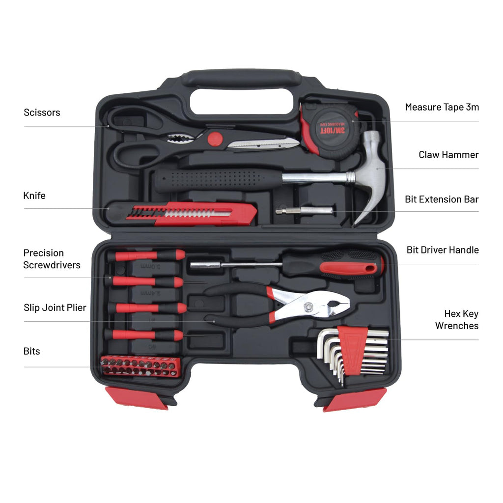 39-Piece Household Tools Kit Essential Home Repair Set with Plastic Toolbox Ideal for ColleStudents, Home Use & More