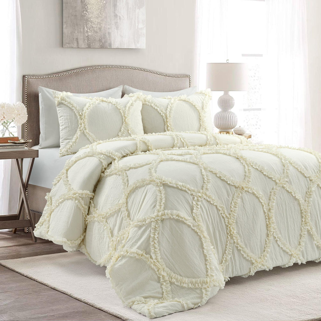 Lush Decor Riviera Ruffle Comforter, Queen, Ivory, 3-Pc Set