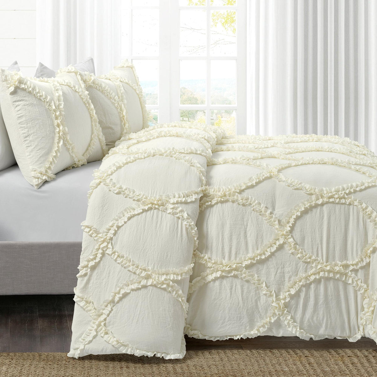 Lush Decor Riviera Ruffle Comforter, Queen, Ivory, 3-Pc Set