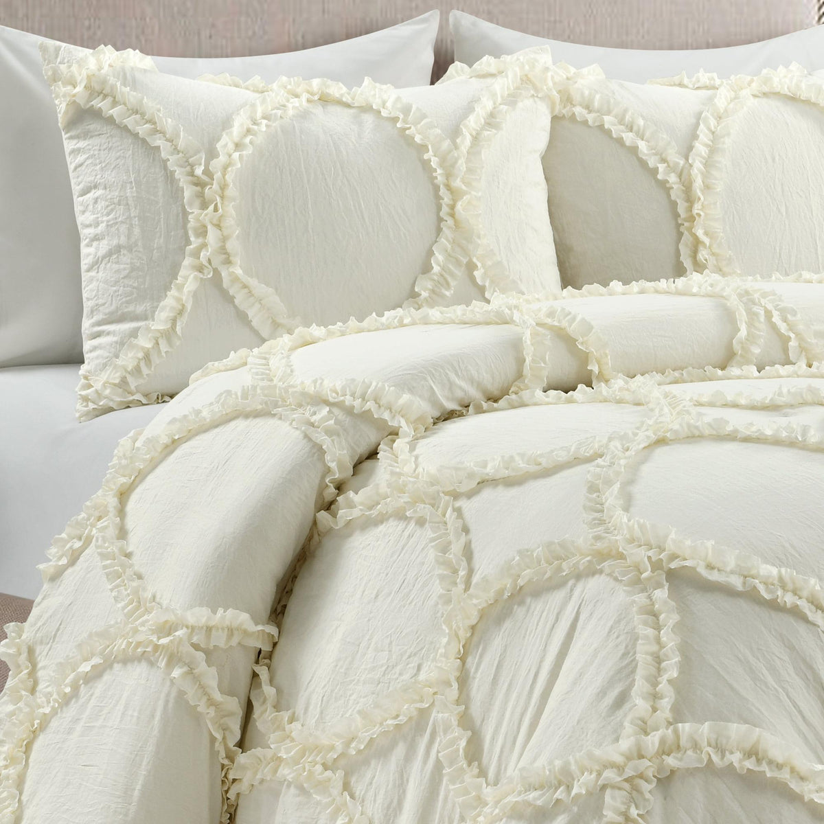 Lush Decor Riviera Ruffle Comforter, Queen, Ivory, 3-Pc Set