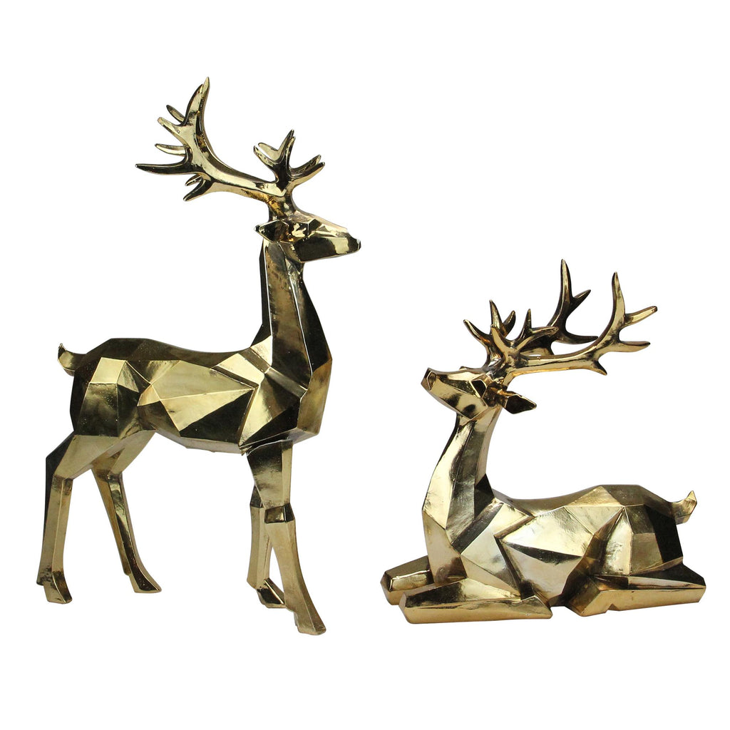 Set of 2 Shiny Gold Sitting and Standing Geometric Shaped Christmas Deer - 18"