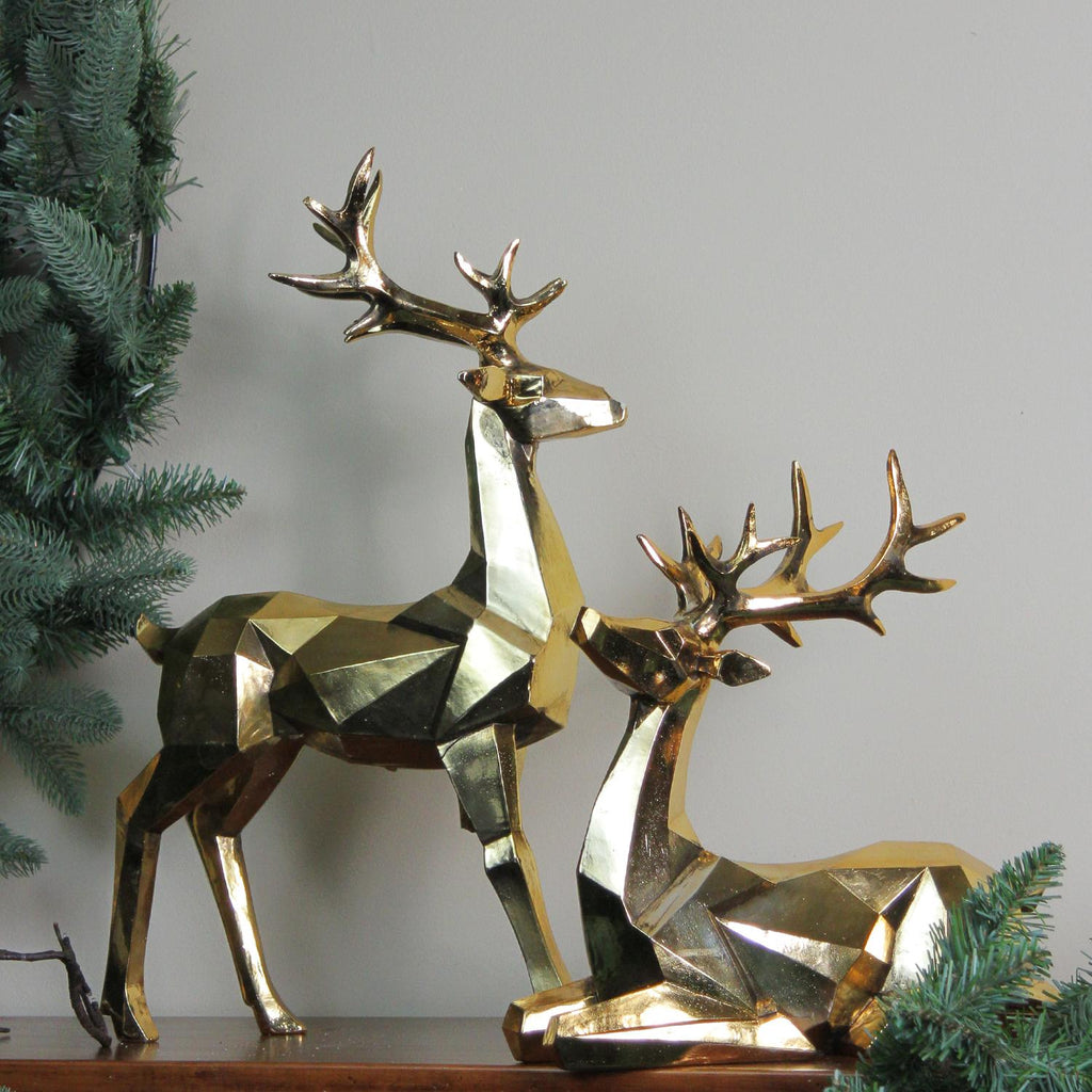 Set of 2 Shiny Gold Sitting and Standing Geometric Shaped Christmas Deer - 18"