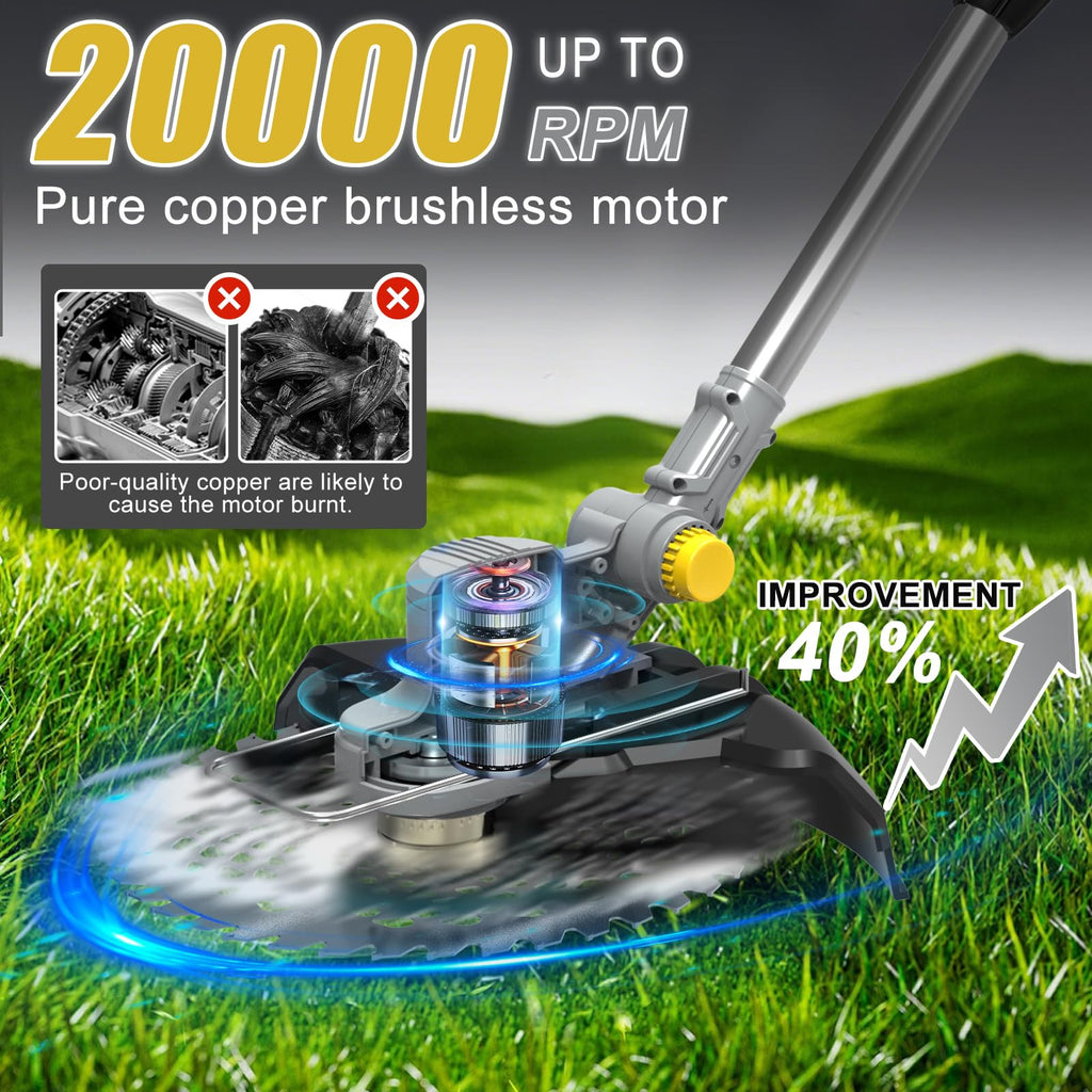 Electric Weed Wacker Cordless,4 in 1 Weed Eater Battery Powered Brush Cutter,9''Grass Trimmer Stringless Weed Trimmer Lawn Mower Edger Metal Blade Battery(2 x 21V 4.0Ah Batteries &amp; Charger)