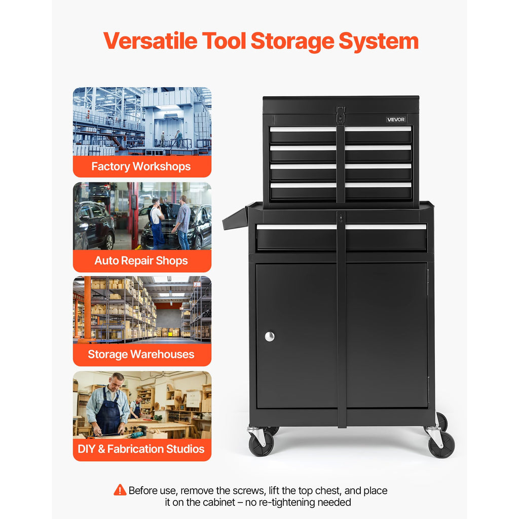 Rolling Tool Chest, 2-in-1 , 5 Drawers Tool Cabinet Organizer with Detachable Top Metal Toolbox, Lock Bar, Protective Liner, and Tools Rack, GaraStoraCabinet for Warehouse, Workshop
