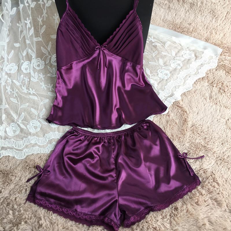 Clothing -  Women Sexy Deep V-neck Sleeveless Silk Lace Top With Shorts Sleepwear Set
