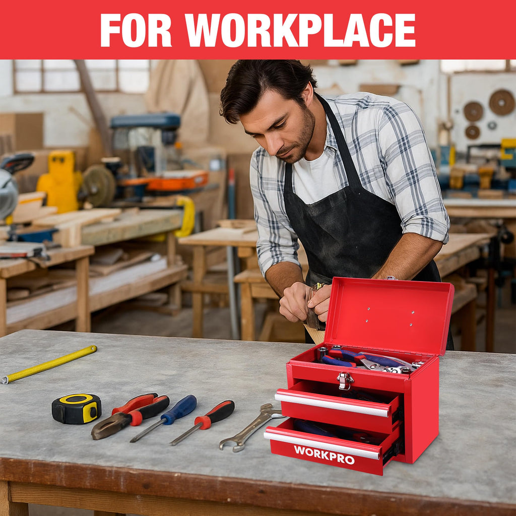 Portable Mini Metal Tool Box with 2 Drawers | Metal Tool Chest, Ball Bearing Slides, Top Storage, Latch Handle, PVC Drawer Liners, PP Feet Pads