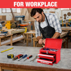 Portable Mini Metal Tool Box with 2 Drawers | Metal Tool Chest, Ball Bearing Slides, Top Storage, Latch Handle, PVC Drawer Liners, PP Feet Pads