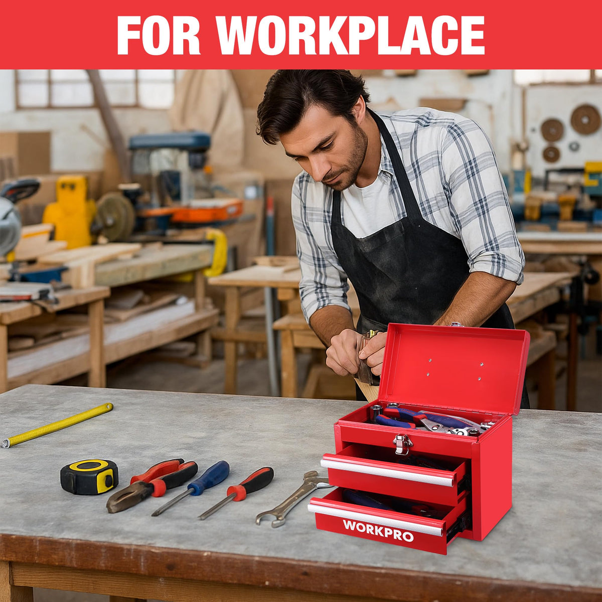 Portable Mini Metal Tool Box with 2 Drawers | Metal Tool Chest, Ball Bearing Slides, Top Storage, Latch Handle, PVC Drawer Liners, PP Feet Pads
