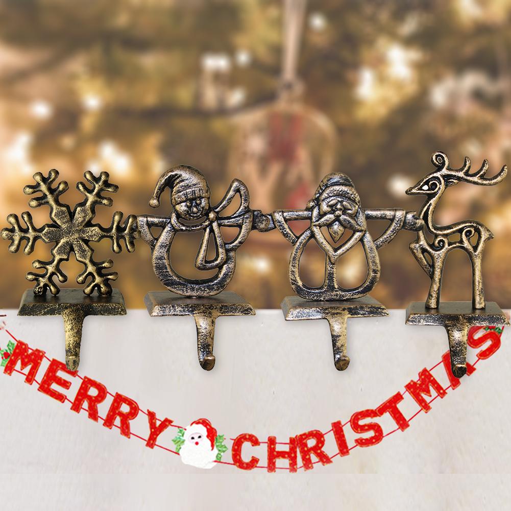 Willkey  Christmas Stocking Hanger Holders Snowman Santa Snowflake Deer Iron Hanging Hooks Xmas Mantelpiece Fireplace Decorations
