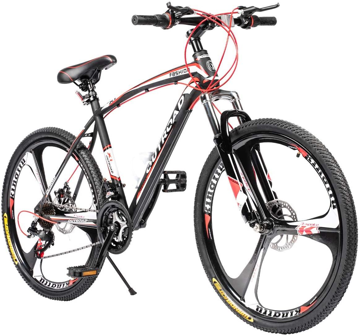 PanAme Mountain Bike 26 Inches Outroad 21 Speed Suspension Fork Anti-Slip Bicycle with Dual Disc Brake and High Carbon Steel Frame for Men and Women, Red