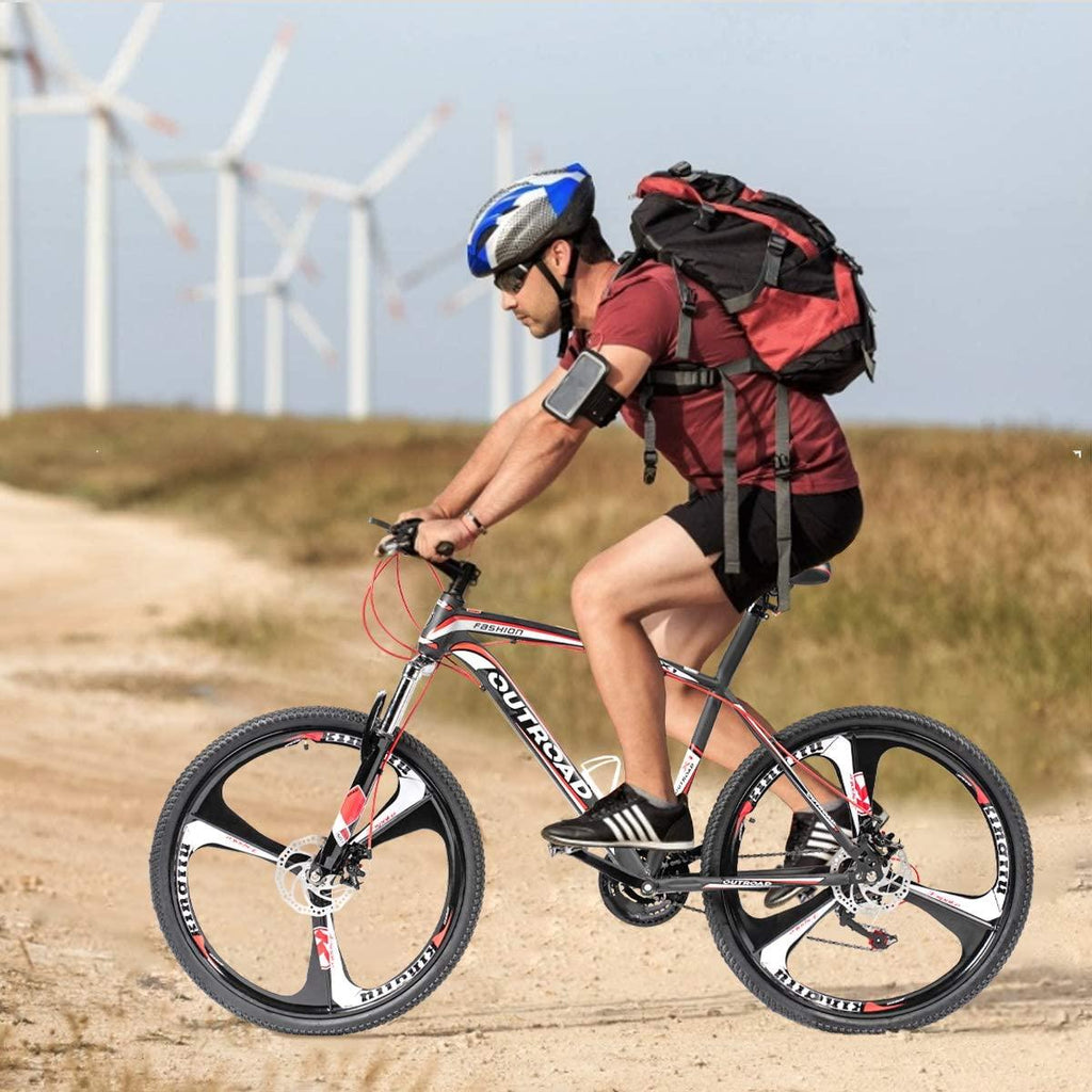 PanAme Mountain Bike 26 Inches Outroad 21 Speed Suspension Fork Anti-Slip Bicycle with Dual Disc Brake and High Carbon Steel Frame for Men and Women, Red