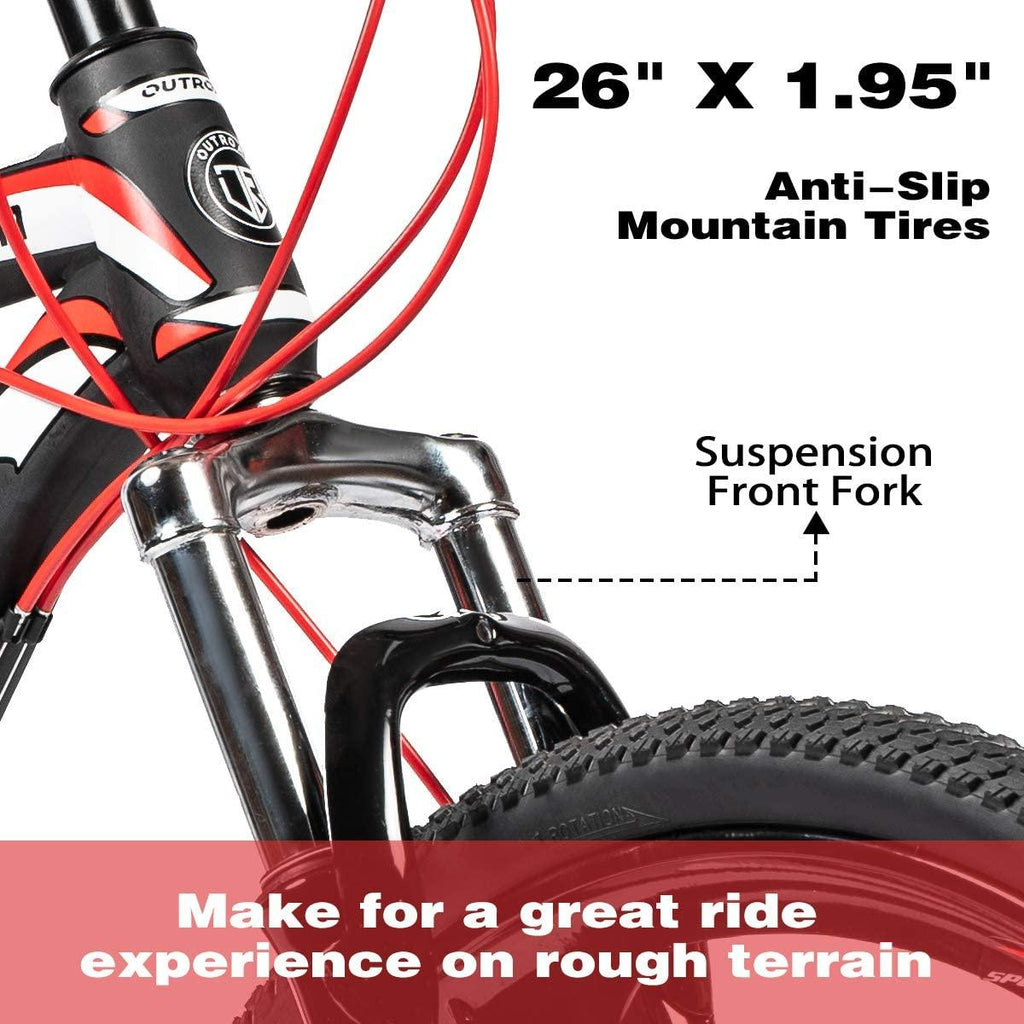 PanAme Mountain Bike 26 Inches Outroad 21 Speed Suspension Fork Anti-Slip Bicycle with Dual Disc Brake and High Carbon Steel Frame for Men and Women, Red