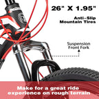 PanAme Mountain Bike 26 Inches Outroad 21 Speed Suspension Fork Anti-Slip Bicycle with Dual Disc Brake and High Carbon Steel Frame for Men and Women, Red