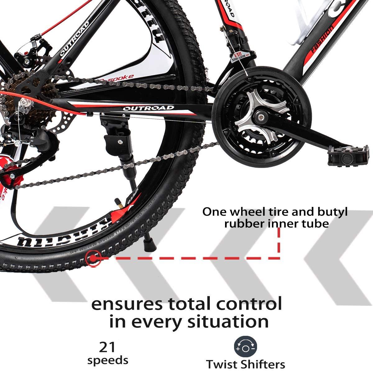 PanAme Mountain Bike 26 Inches Outroad 21 Speed Suspension Fork Anti-Slip Bicycle with Dual Disc Brake and High Carbon Steel Frame for Men and Women, Red