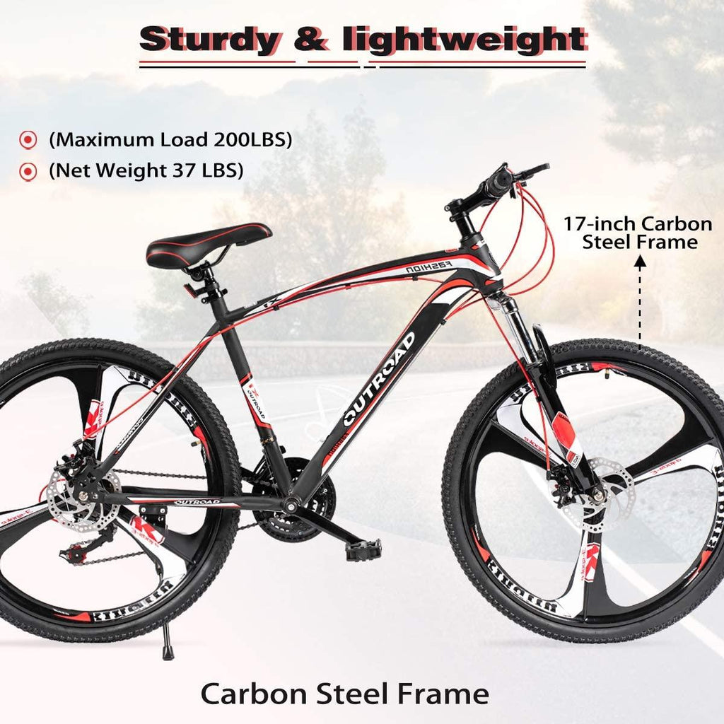 PanAme Mountain Bike 26 Inches Outroad 21 Speed Suspension Fork Anti-Slip Bicycle with Dual Disc Brake and High Carbon Steel Frame for Men and Women, Red