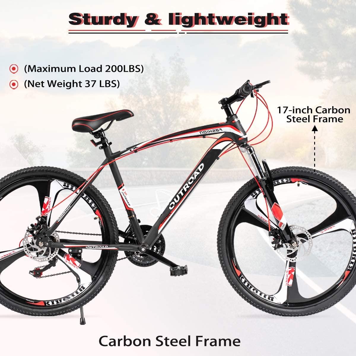 PanAme Mountain Bike 26 Inches Outroad 21 Speed Suspension Fork Anti-Slip Bicycle with Dual Disc Brake and High Carbon Steel Frame for Men and Women, Red