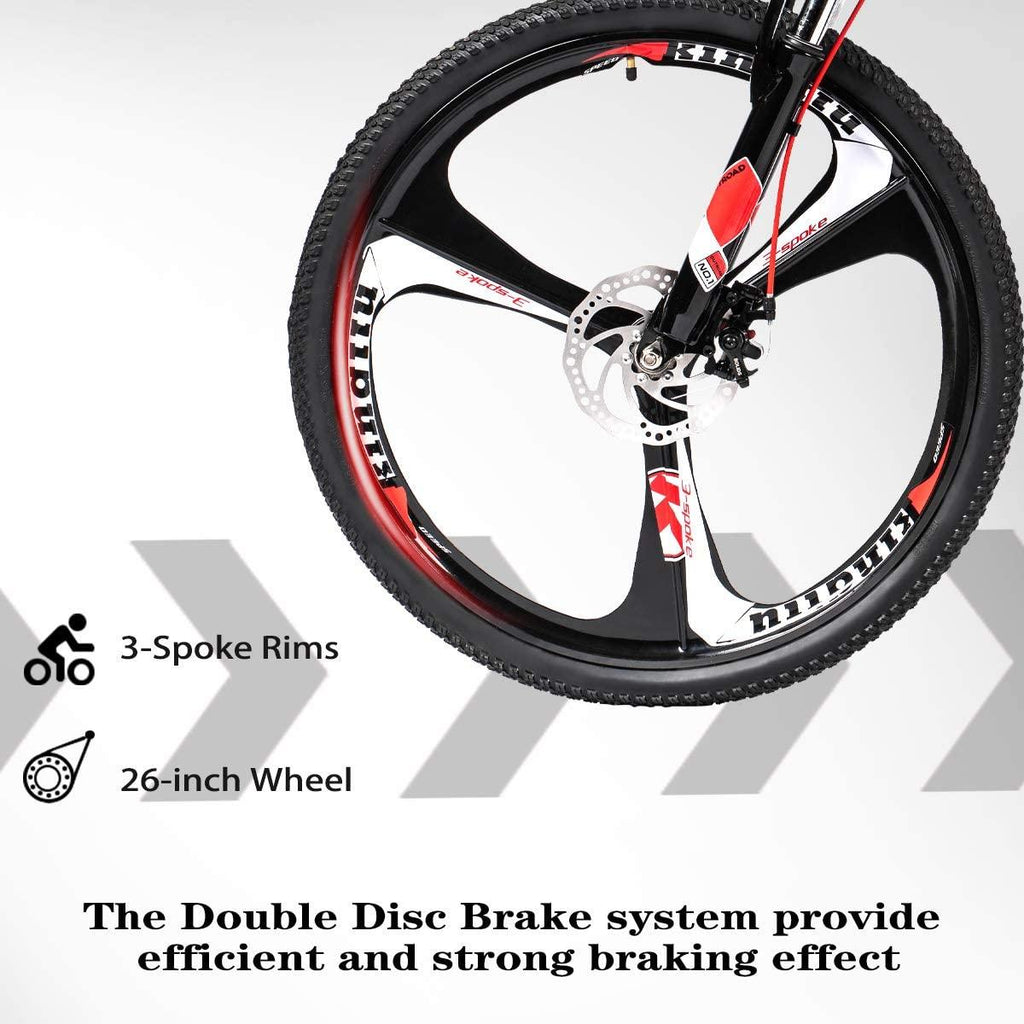 PanAme Mountain Bike 26 Inches Outroad 21 Speed Suspension Fork Anti-Slip Bicycle with Dual Disc Brake and High Carbon Steel Frame for Men and Women, Red