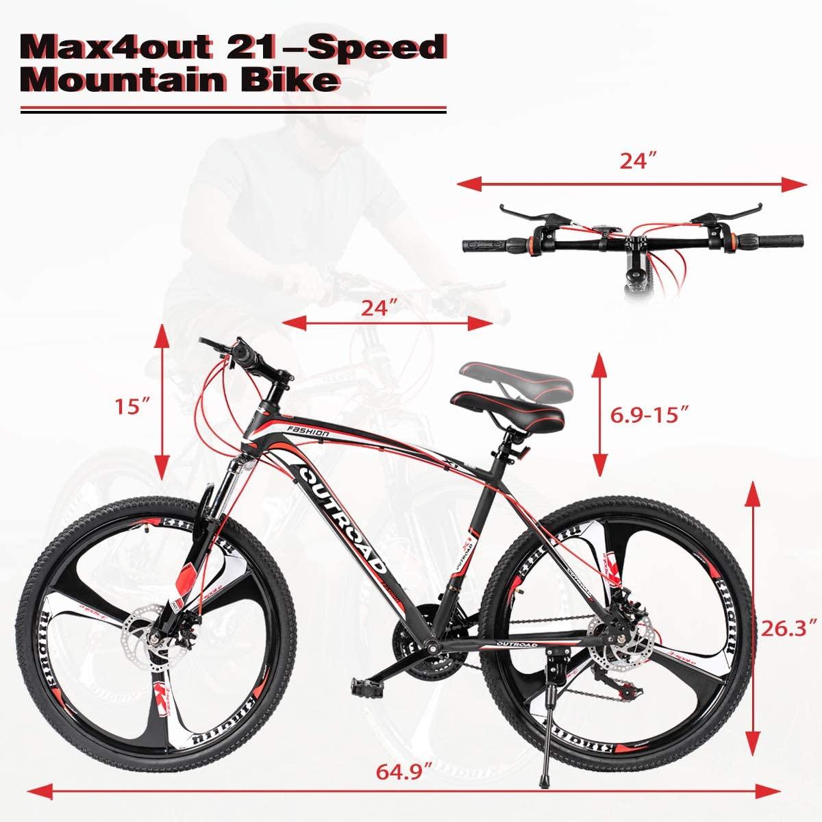 PanAme Mountain Bike 26 Inches Outroad 21 Speed Suspension Fork Anti-Slip Bicycle with Dual Disc Brake and High Carbon Steel Frame for Men and Women, Red