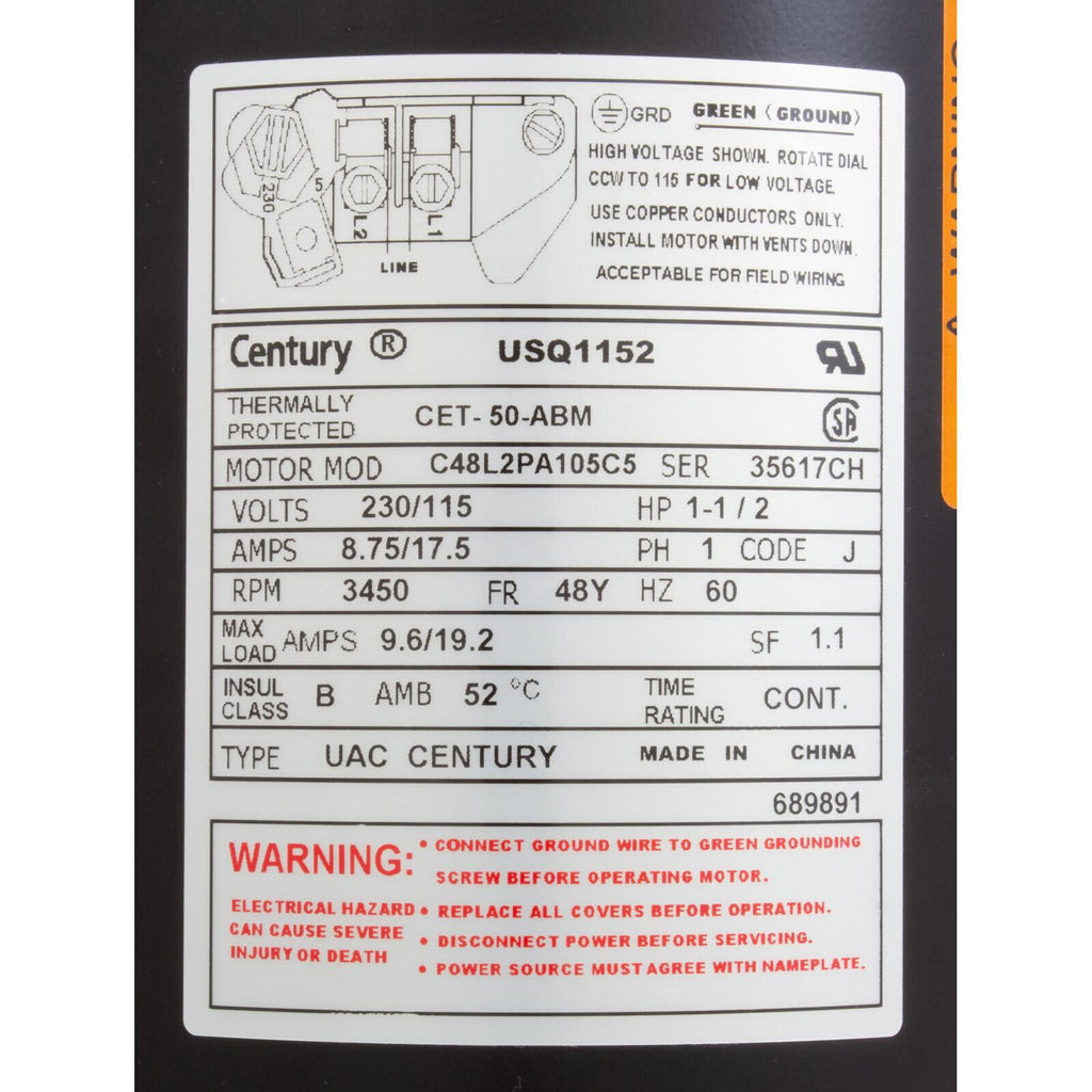 a.o. smith - 1.5 hp up-rated pool/spa 48y frame motor replacement - usq1152 - vg