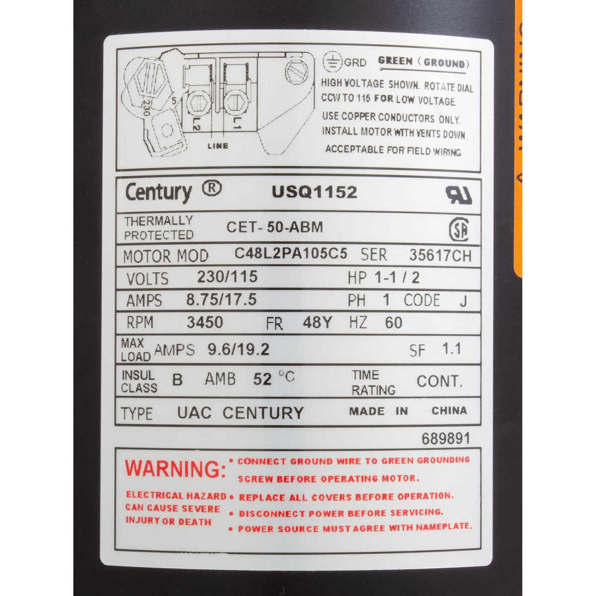 a.o. smith - 1.5 hp up-rated pool/spa 48y frame motor replacement - usq1152 - vg